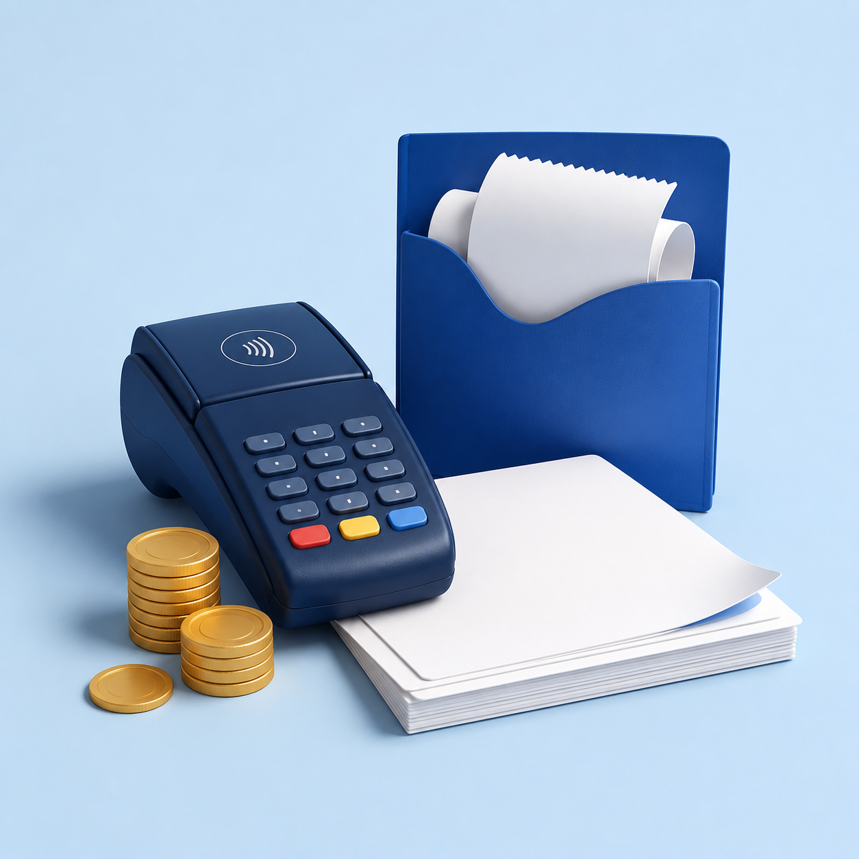 Payment terminal, invoices and coins representing payments