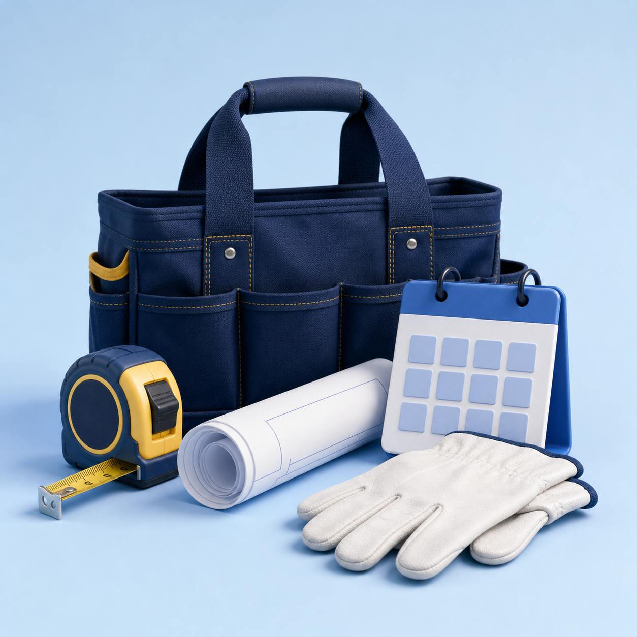Tool bag, measuring tape and plan representing a job day