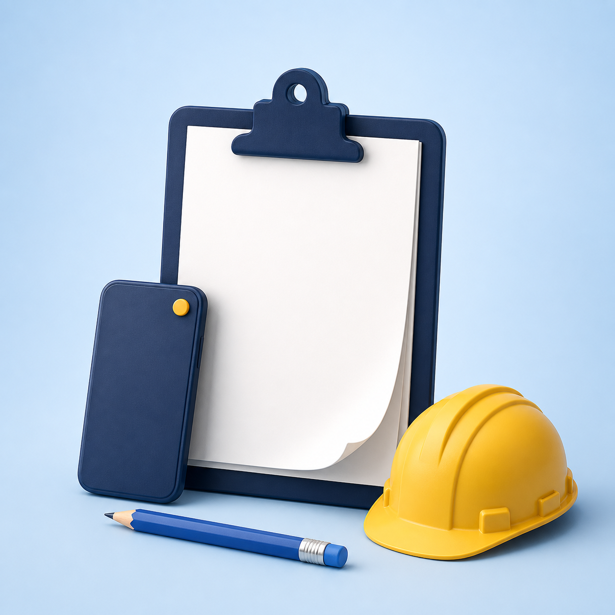 Clipboard, phone and hard hat representing new work